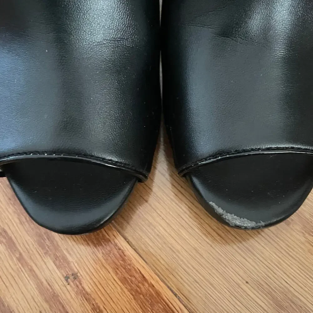 Anne Klein Tillie Block Heel Mules Womens 7.5 Medium Black Peep Toe Sandals